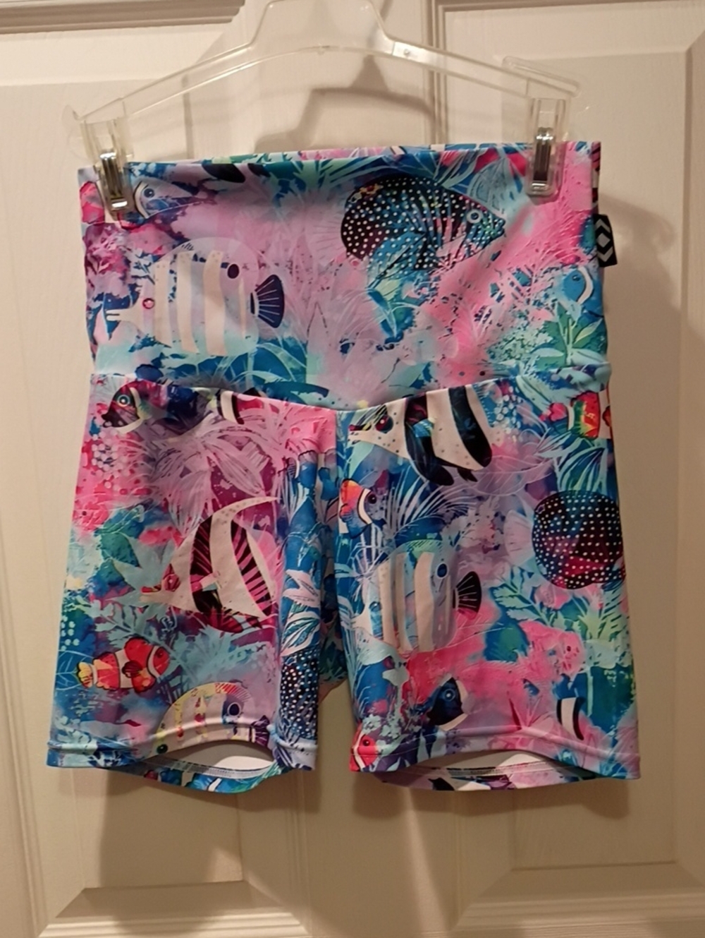 Colorful Tropical Fish Print High-Waist Active Shorts